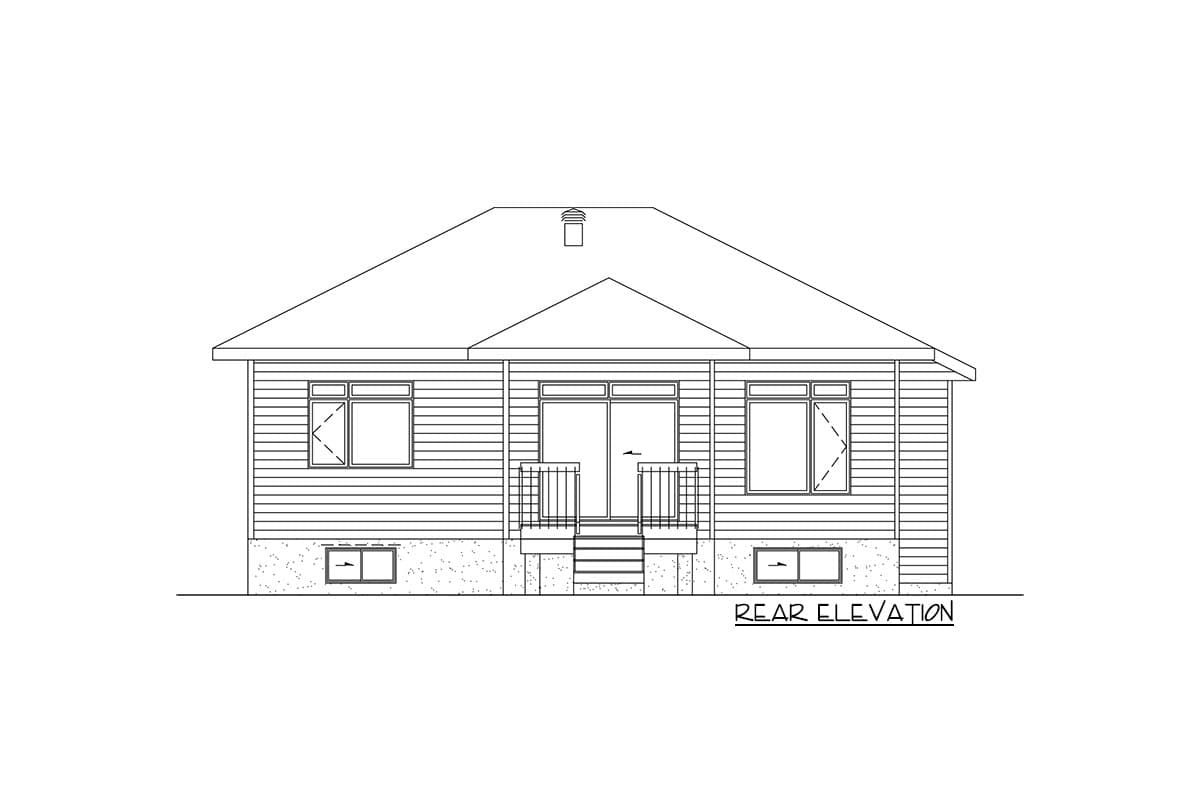 Rear elevation drawing of a single-story house with horizontal siding, a prominent gable roof, and a central set of double doors with a small porch.