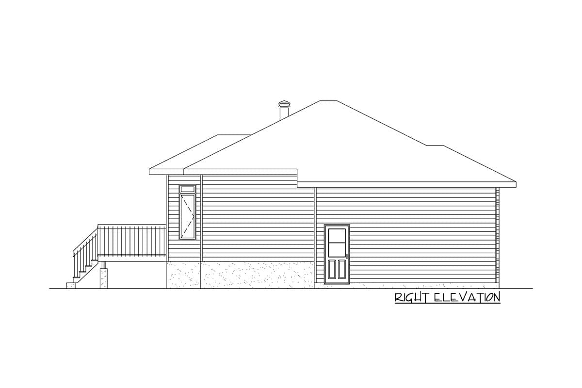House plan right elevation showing a single-story home with siding, a deck, a window, a door, and a sloped roof with a chimney.
