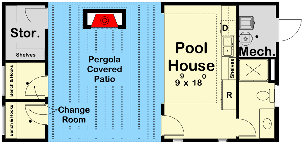 Plan 623218DJ: Modern Poolhouse with Two Changing Rooms and an Outdoor Fireplace - Floor Plan - Main Level - Contemporary, Mid Century Modern, Modern