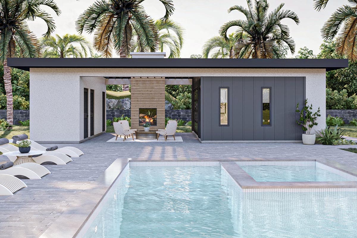 Modern house plan exterior with flat roof, stucco and metal siding, fireplace, and pool.