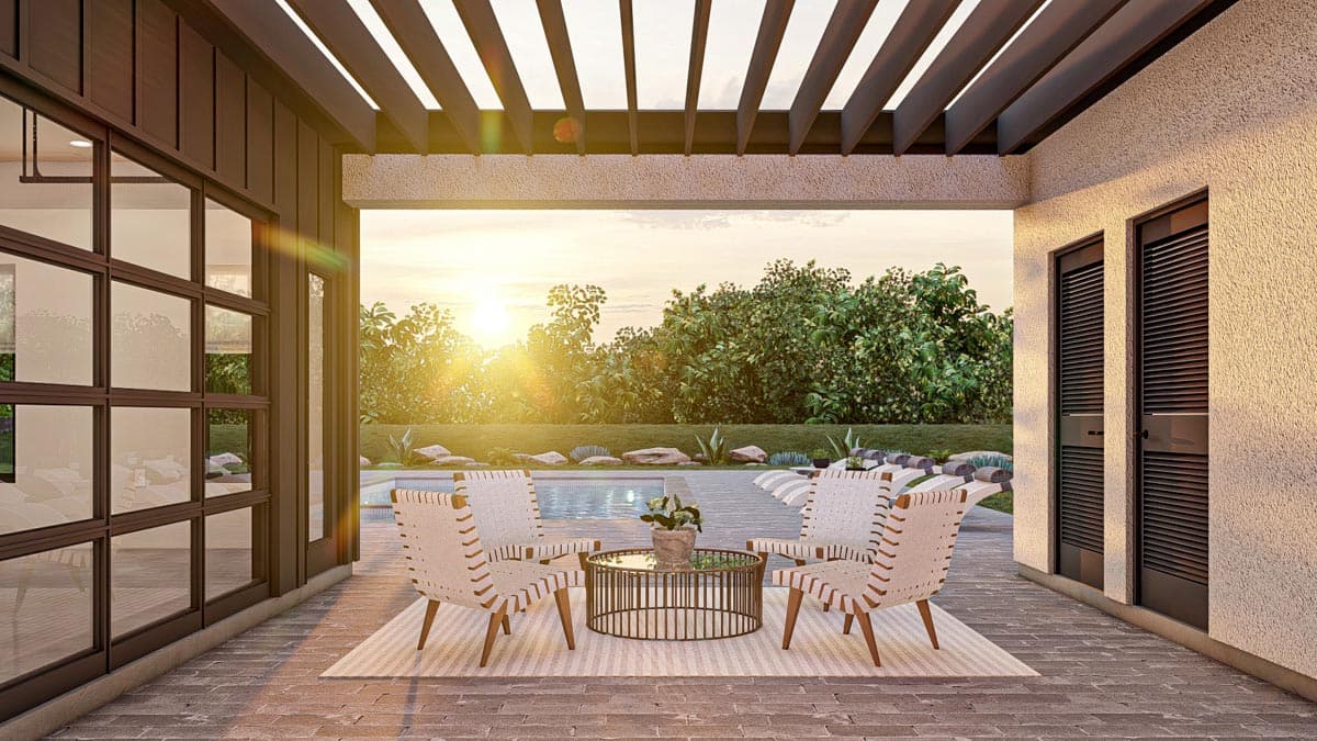 Plan 623218DJ: Modern Poolhouse with Two Changing Rooms and an Outdoor Fireplace - Image #4 - Contemporary, Mid Century Modern, Modern