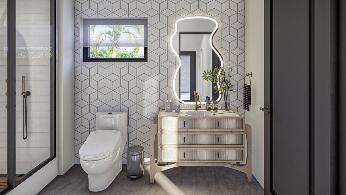 Plan 623218DJ: Modern Poolhouse with Two Changing Rooms and an Outdoor Fireplace - Image #5 - Contemporary, Mid Century Modern, Modern