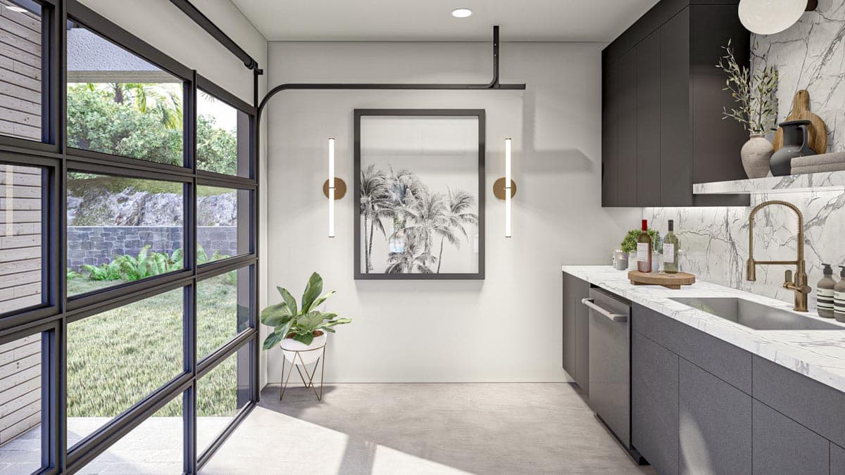 Plan 623218DJ: Modern Poolhouse with Two Changing Rooms and an Outdoor Fireplace - Image #6 - Contemporary, Mid Century Modern, Modern