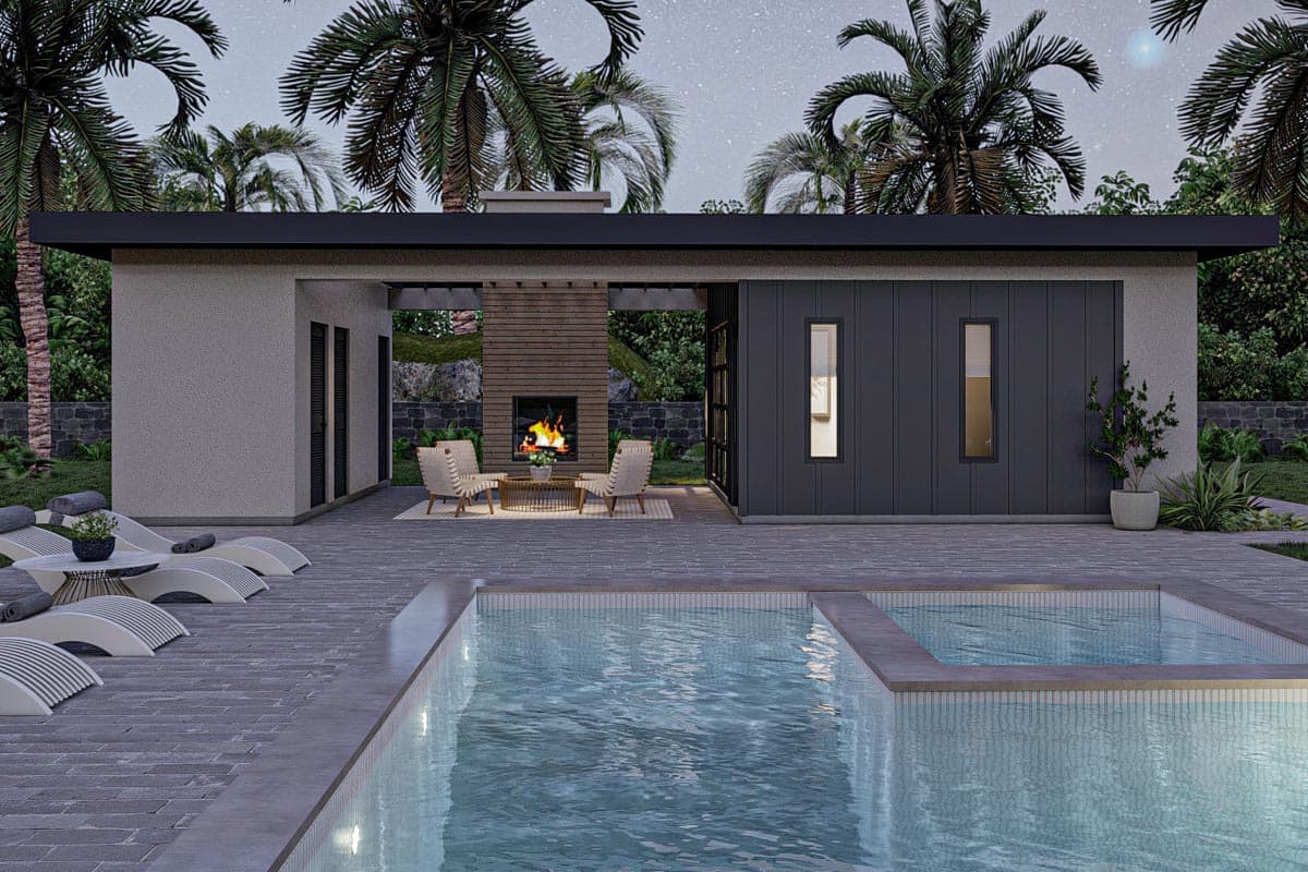Plan 623218DJ: Modern Poolhouse with Two Changing Rooms and an Outdoor Fireplace - Image #8 - Contemporary, Mid Century Modern, Modern