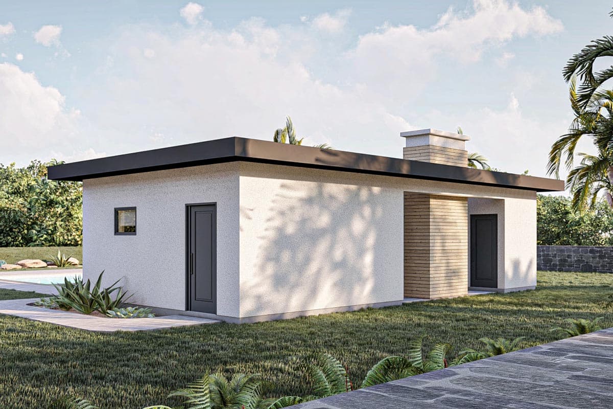 Plan 623218DJ: Modern Poolhouse with Two Changing Rooms and an Outdoor Fireplace - Image #9 - Contemporary, Mid Century Modern, Modern