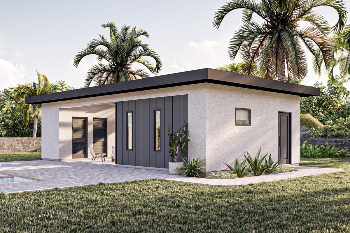 Plan 623218DJ: Modern Poolhouse with Two Changing Rooms and an Outdoor Fireplace - Image #10 - Contemporary, Mid Century Modern, Modern