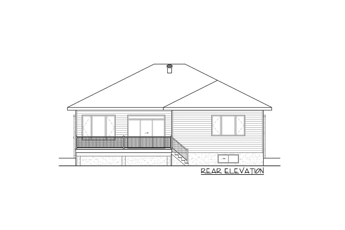 Rear elevation drawing of a single-story house with a deck, sliding glass doors, and multiple windows.