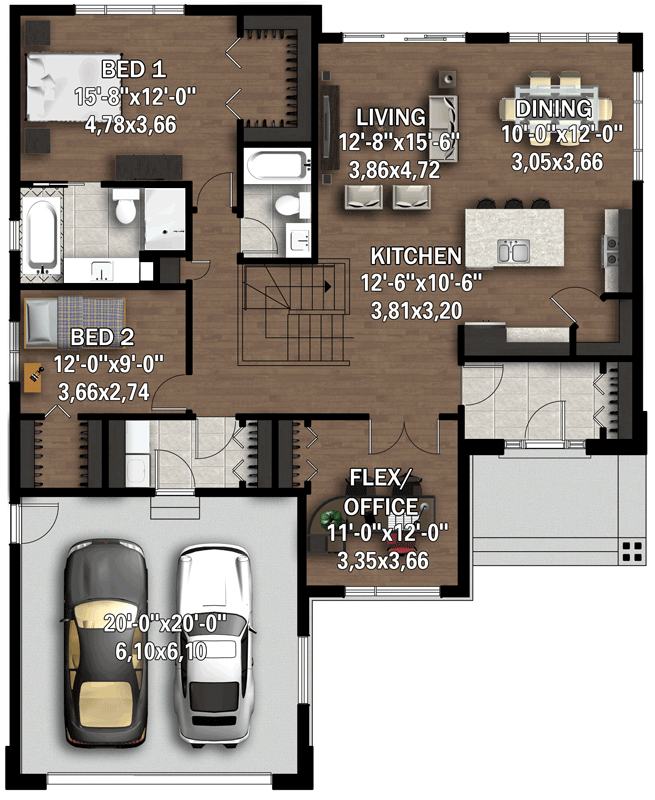 Plan 80996PM: Hip Roof Modern Prairie House Plan Under 1600 Square Feet with 2 Bedrooms - Floor Plan - Main Level - Contemporary, Mid Century Modern, Modern, Prairie