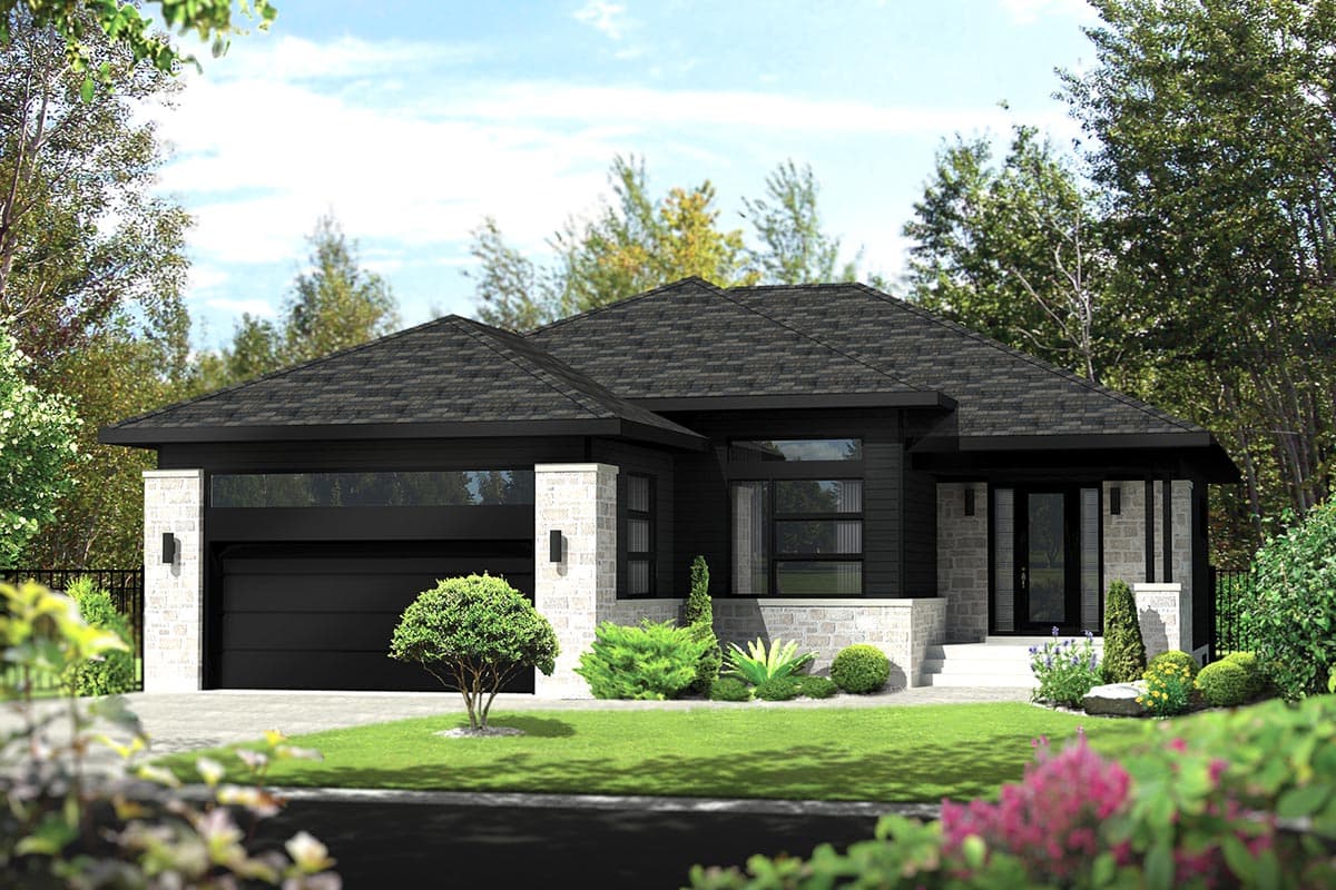 House plan exterior. Modern style, single story. Features include an attached garage, flat roof, and covered entry porch.