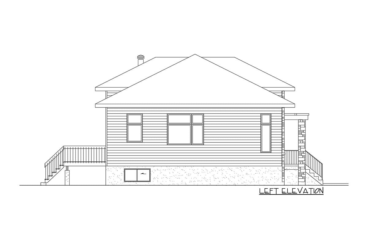 Left elevation house plan: Ranch style, horizontal siding, prominent gable roof, deck with railing, and stone accent porch.
