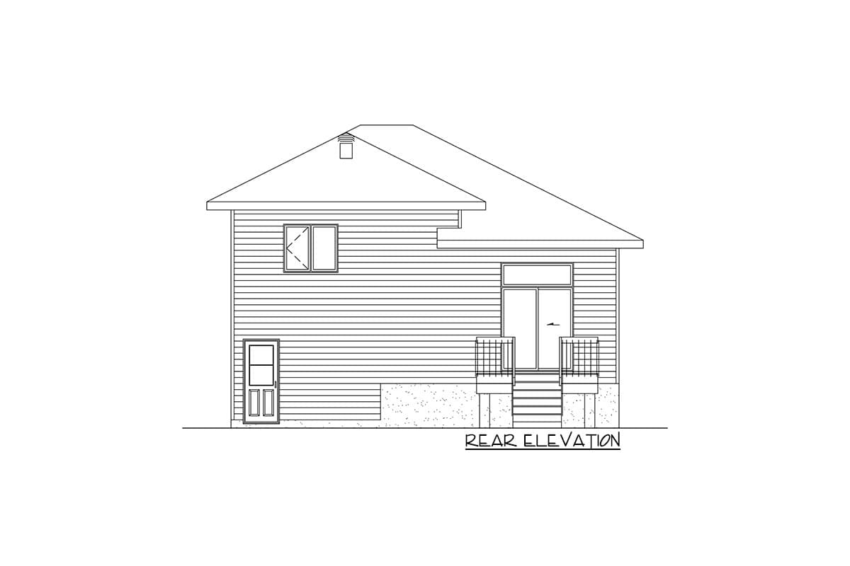 Rear elevation house plan with a gable roof, a door, a window, and a deck with stairs.