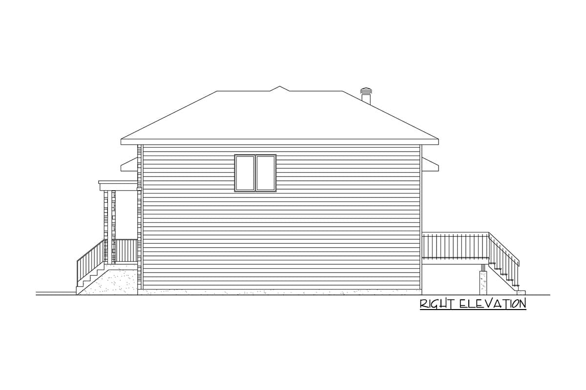 Right elevation drawing of a house plan showing a gabled roof, horizontal siding, a small window, and a deck with stairs.