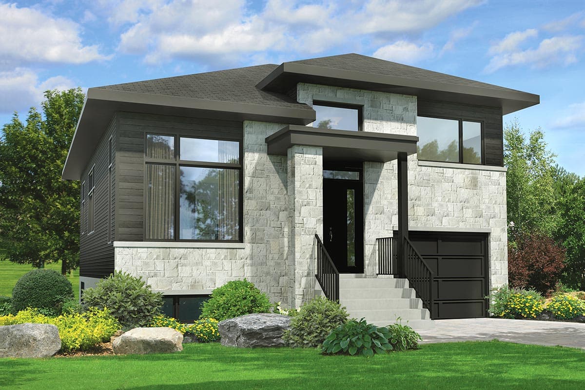 House plan exterior. Modern style, two-story home with stone facade. Features include a flat roof, prominent entry, and an attached garage.