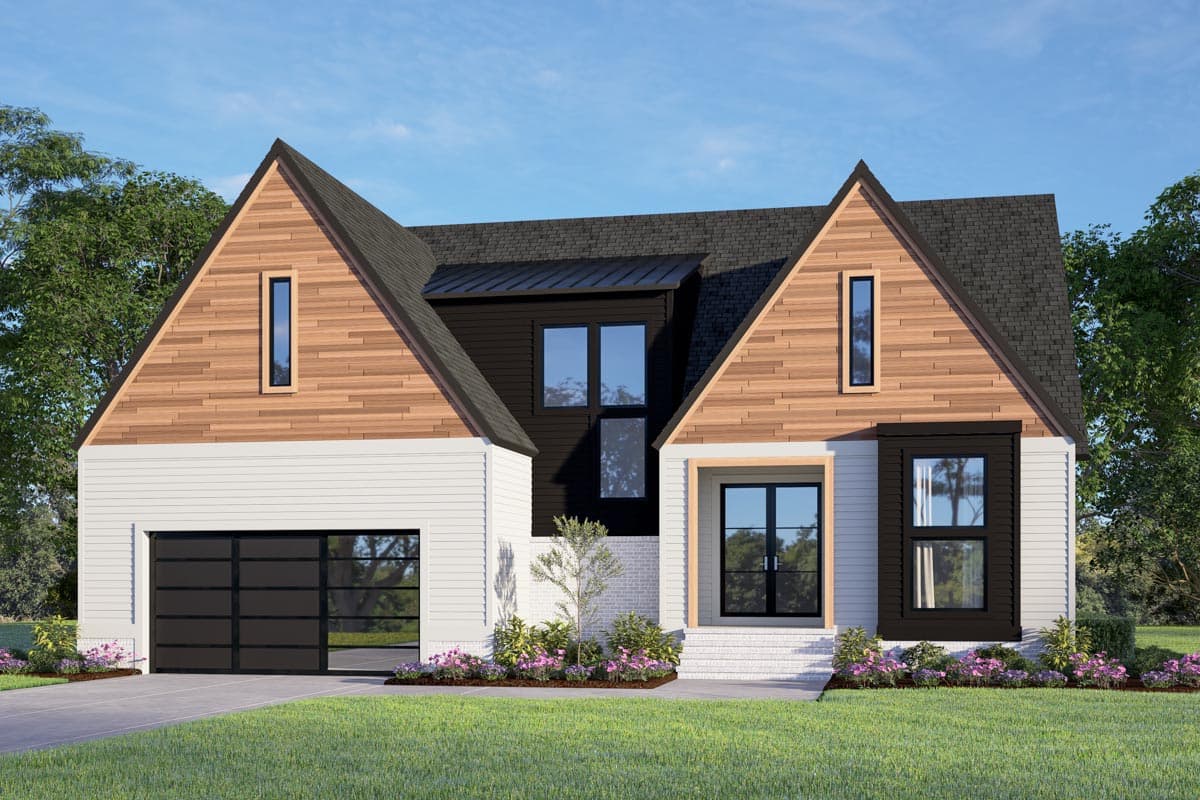 House plan exterior featuring a two-story design. Highlights include gabled rooflines, a modern garage door, and vertical windows in gables.