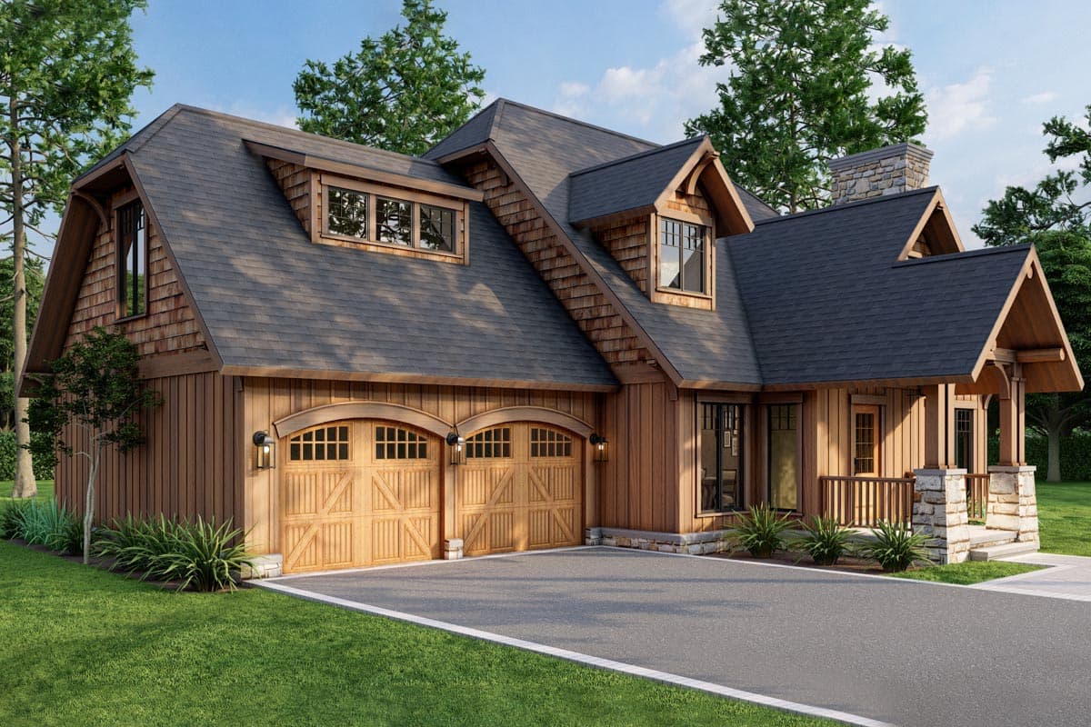 House plan exterior with wood siding, arched garage doors, dormers, and stone chimney.