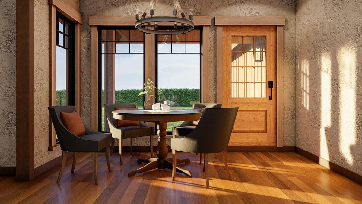 Interior rendering of a dining area with a round pedestal table, four chairs, a circular chandelier, and a paneled wood door.