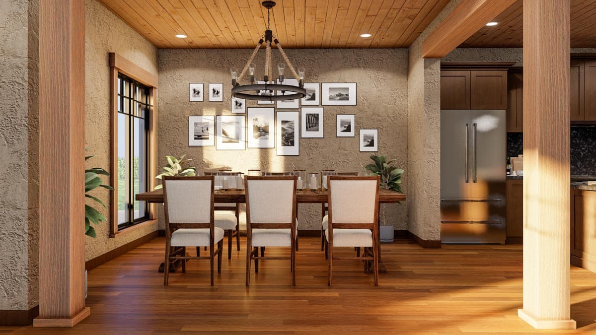 Dining room rendering with wooden ceiling, textured walls, chandelier, large window, dining table and chairs, and stainless steel refrigerator.