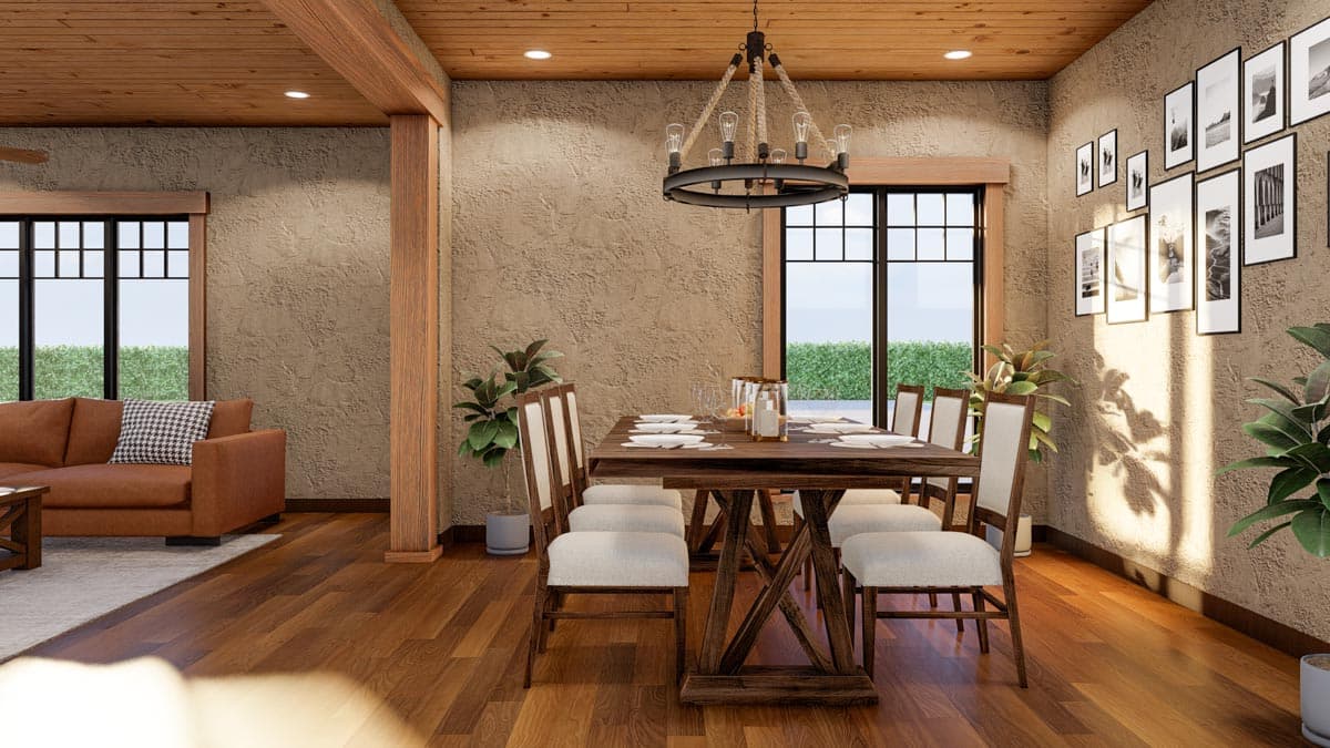 Interior rendering of a dining area with a table set for six, wood-paneled ceiling, textured walls, and large windows.