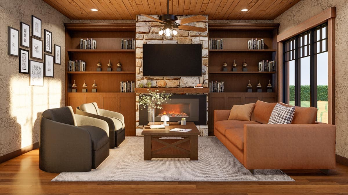 Living room with stone fireplace, built-in bookshelves, seating area, and large window.