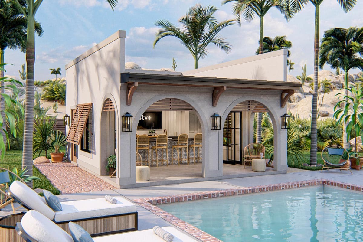 House plan exterior. Modern style with open arches, an outdoor kitchen with bar seating, and a pool with lounge chairs.