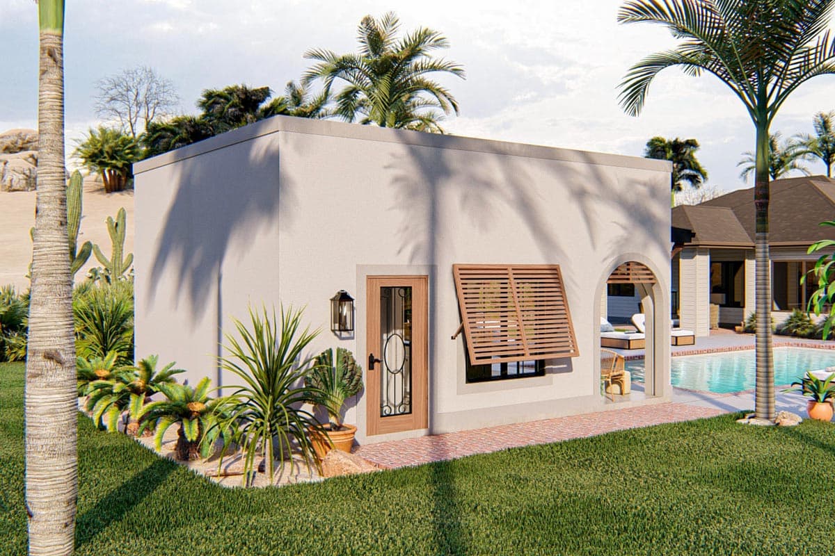 Plan 623219DJ: Wood and Stucco 355 Square Foot Poolhouse - Image #6 - Country, European, Southwest