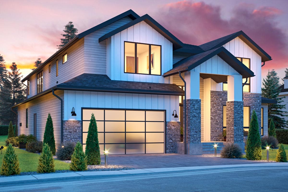 Two-story modern house plan exterior with gabled rooflines, stone accents on entry pillars, and frosted glass garage door.