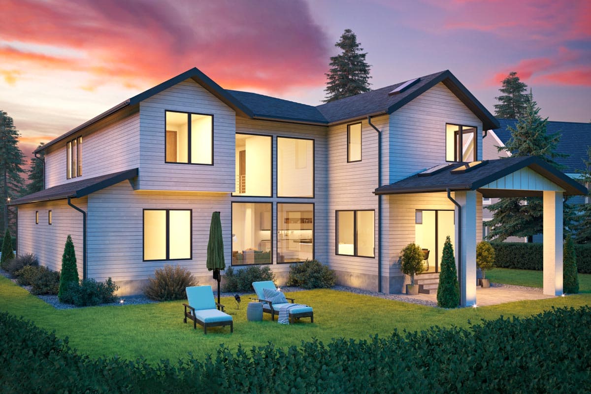 Modern two-story house plan exterior with gables, expansive windows, and covered entry.