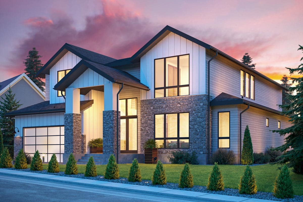 Modern house plan exterior with stone accents, board and batten siding, multiple gables, and a contemporary garage door.