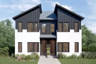 Modern Duplex House Plan with 950 Square Foot Units with Roommate-Style Upstairs Layout