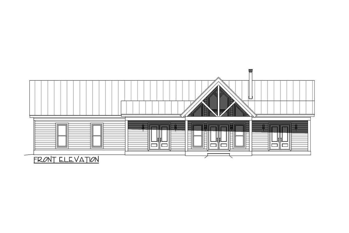 Front elevation of a single-story house plan featuring a prominent gable with decorative bracing, multiple double doors, and a metal roof.