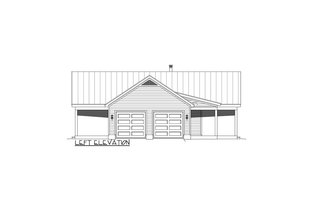 Left elevation of house plan showing a two-car garage, gable roof, and side porch.