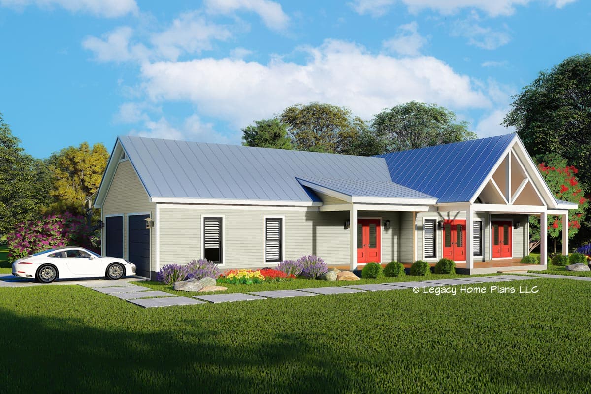 House plan exterior. Ranch style with a gabled porch, metal roof, and an attached two-car garage. Features red doors and light-colored siding.