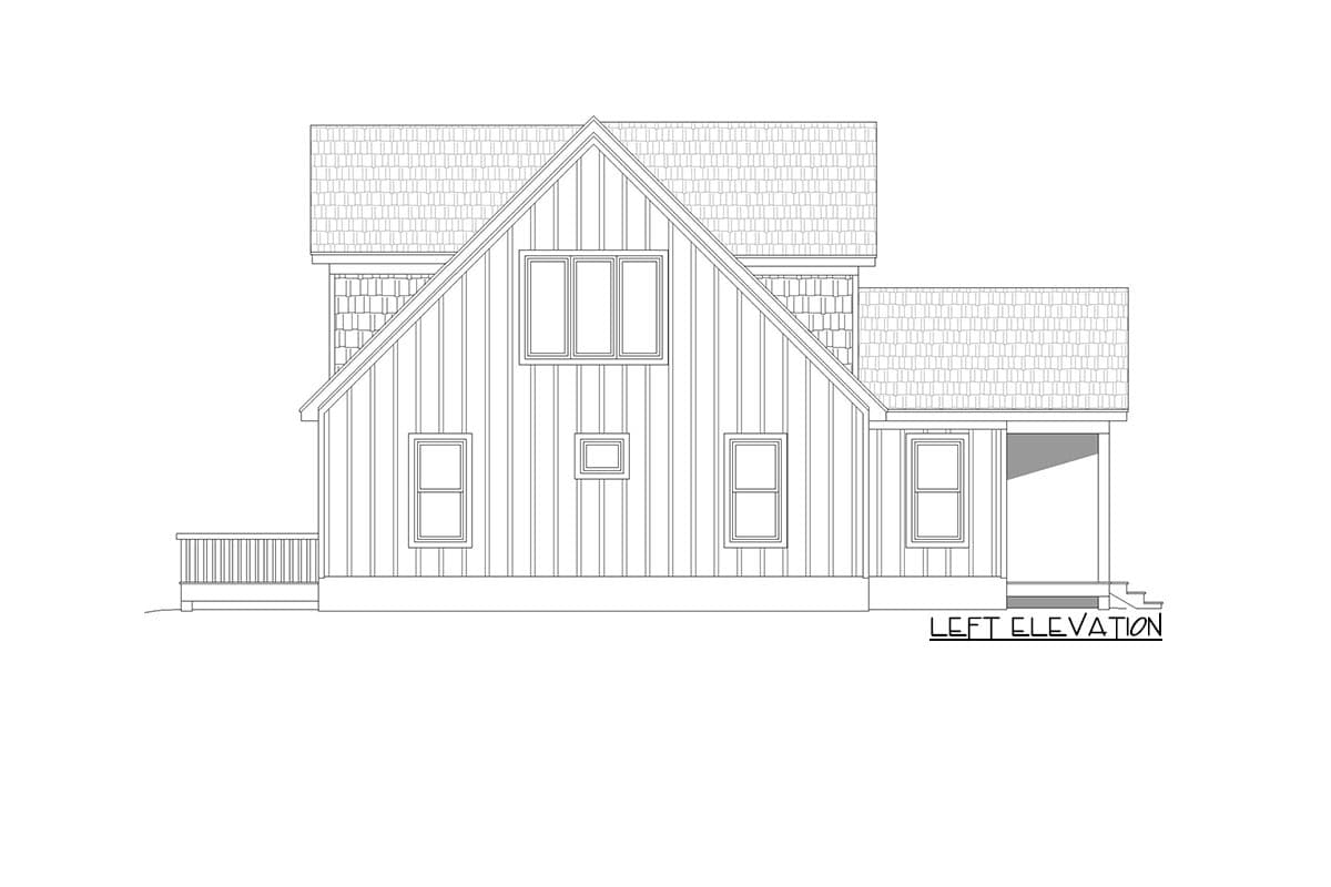 Left elevation of a two-story house plan featuring vertical siding, gabled dormer, porch, and deck.