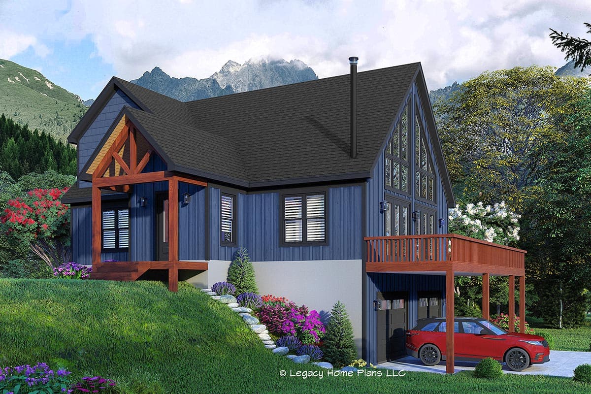 House plan exterior. Two-story with gable roof, timber-framed porch, and dormer windows. Features a covered deck area and attached garage.