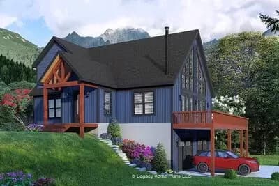 2-Story Mountain House Plan with Wrap-Around Deck and Lower Level Parking - 2178 Sq Ft