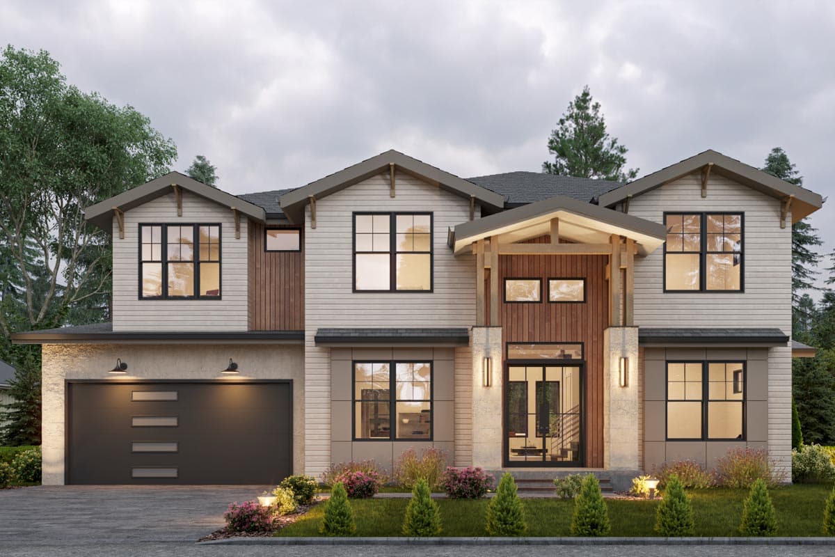House plan exterior: two-story Modern Farmhouse with gables, dormers, exposed rafter tails, and a covered entry.