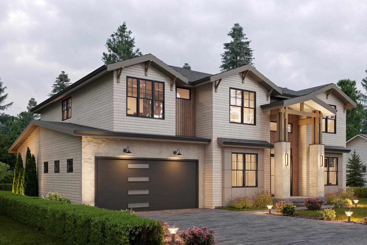 House plan exterior: Two-story modern home with a gable roof, covered entryway with wood beams, and a three-car garage.