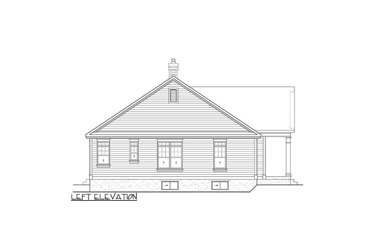Left elevation house plan showing a single-story structure with a prominent gable, dormer, chimney, and a covered portico.