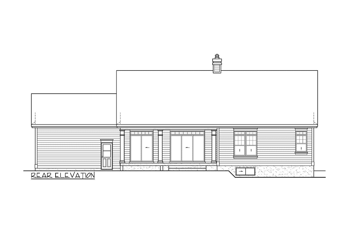 Rear elevation drawing of a house plan with a covered porch, multiple windows, a door, and a chimney.