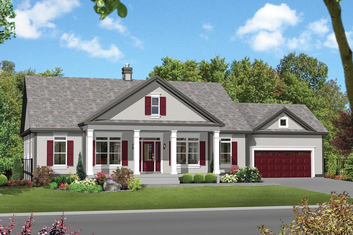 House plan exterior. One-story Ranch style. Features include a front porch with columns, gables, and an attached garage.