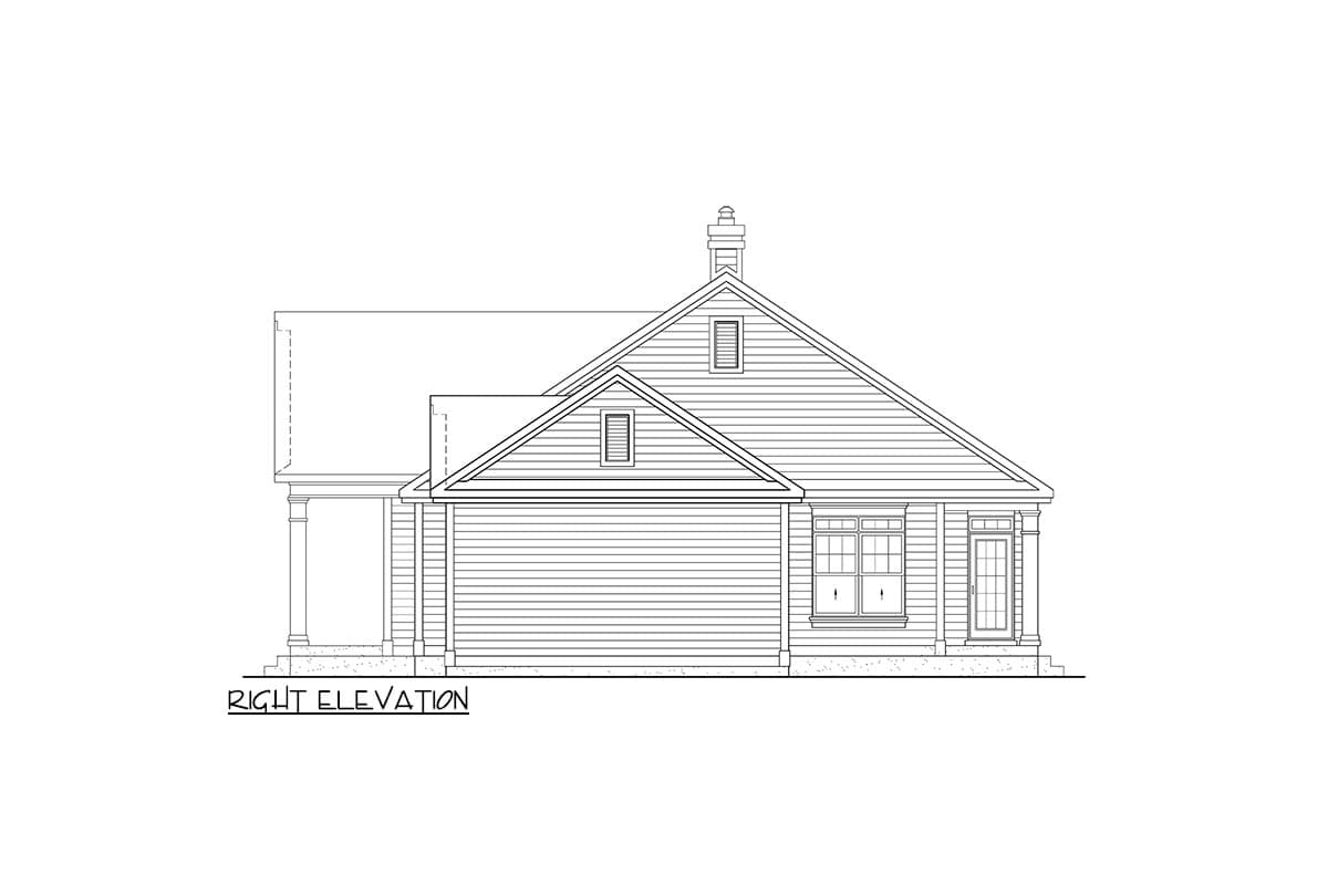 Right elevation house plan shows a gable roof, dormer, chimney, and attached garage with a double window.