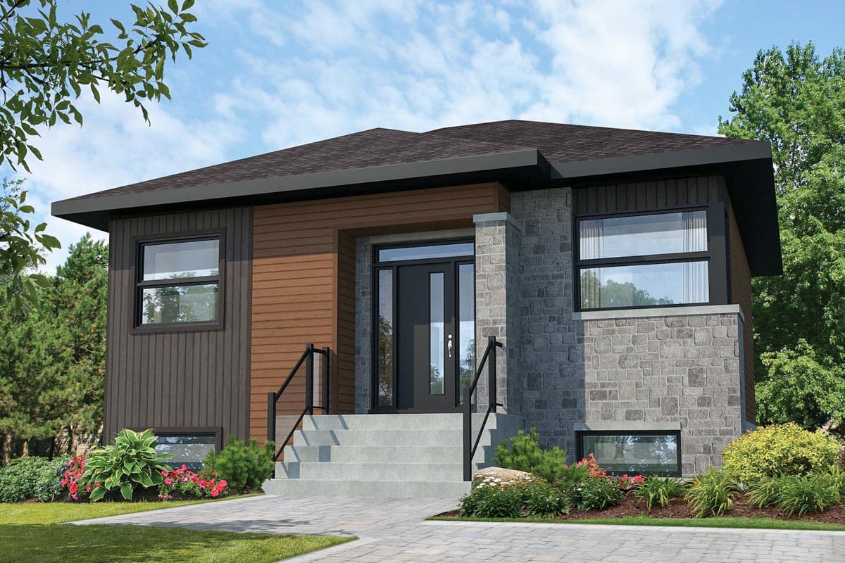 House plan exterior with two stories. Features include mixed siding, stone accents, flat roof, and a covered entry with a modern door.
