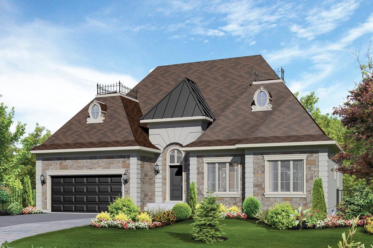 House plan exterior. Two-story home with stone facade, dormers, and a prominent roofline. Features include a garage and arched entry.