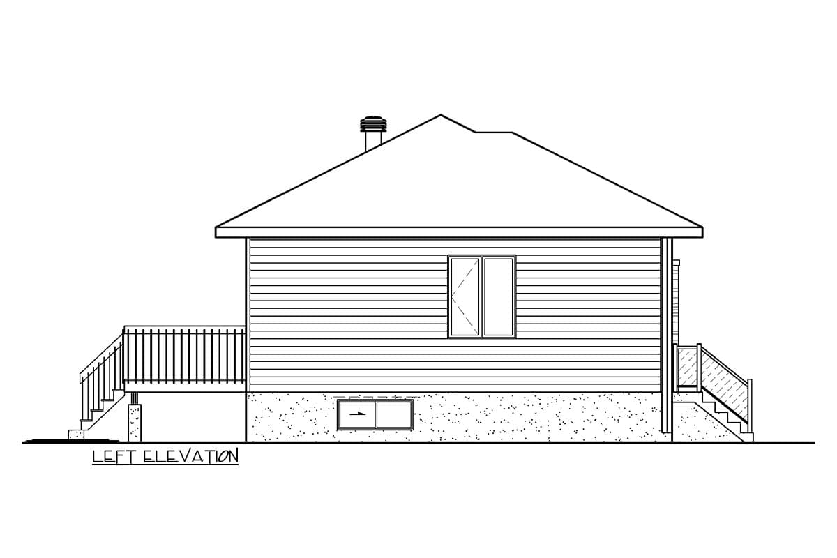 Left elevation drawing of a one-story house with a hip roof, horizontal siding, a deck with railing, and a foundation with a small window.