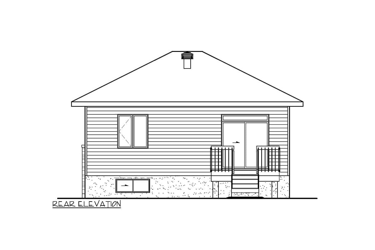 Rear elevation drawing of a house plan showing horizontal siding, a gable roof, a window, a sliding glass door, and a basement window.
