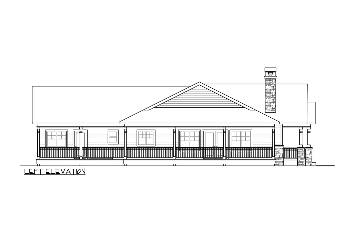 Left elevation house plan drawing of a single-story home with a full-width porch, gabled dormer, and stone chimney.