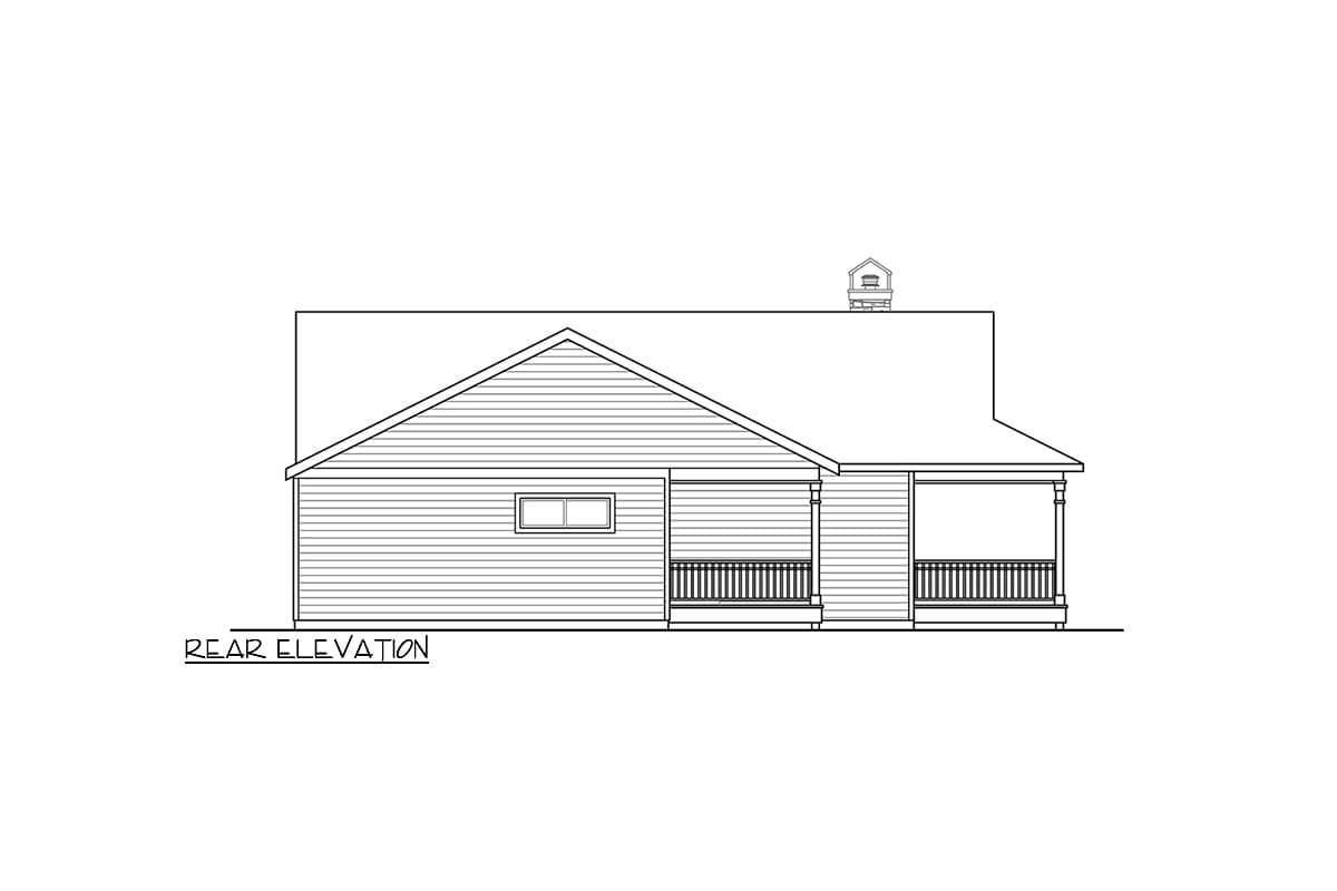 Rear elevation drawing of a one-story house plan with a gabled roof, a rectangular window, and two covered porches.