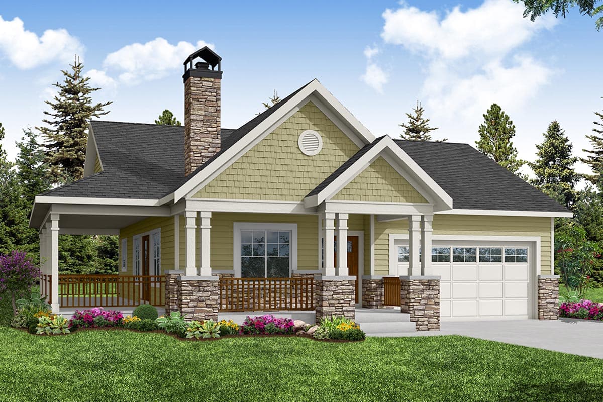 House plan exterior. Craftsman style, one story home with a front porch, gables, and stone chimney. Features a garage and decorative vents.