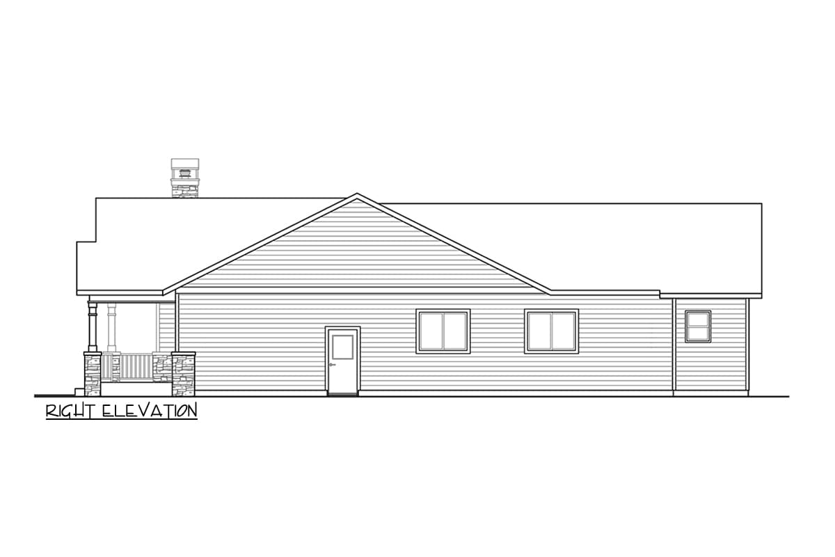 Right elevation drawing of a one-story house plan featuring a gabled roof, covered porch with stone columns, and siding.