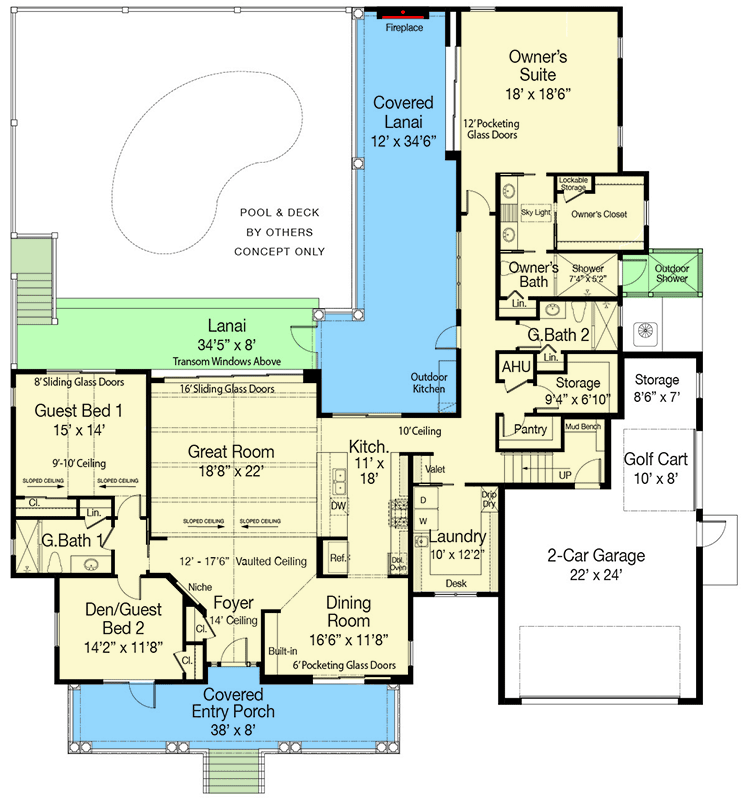 Plan 33258ZR: One-Story House Plan Under 2800 Square Feet with Recessed Shingle-Style Dormer - Floor Plan - Main Level - Ranch, Southern